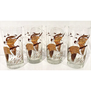 Libbey Canadian Geese In Flight Highball Glass Tumbler Set of 4 MCM Barware 12oz